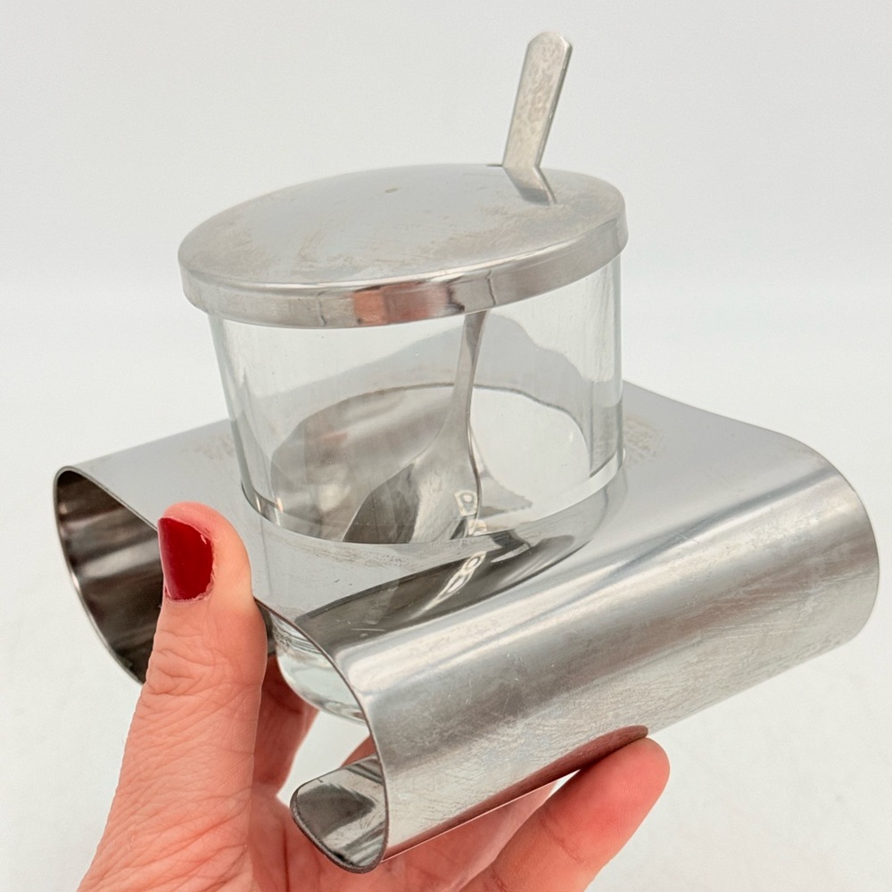 Set Cheese or Sugar Covered Bowl Stainless Steel and glass New Old Stock
